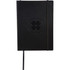 A black, ultra-soft bound journal with a floral emblem and an elastic band closure. Features a ribbon bookmark.