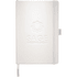 A white Nova Bound JournalBook with an embossed logo and a ribbon bookmark.