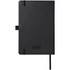 A black notebook with an elastic closure and a ribbon bookmark, featuring a subtle logo on the cover.