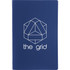 A navy blue notebook with a geometric design on the front, featuring a logo or branding.