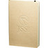 A tan, recycled journal with an embossed logo on the cover, featuring a black ribbon marker.