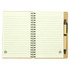 A spiral-bound notebook with blank lined pages in a beige cover, accompanied by a black ballpoint pen.