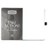 A blank, white notebook with a black cover and a logo on the inside. The front page features a motivational phrase.