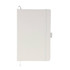 A white A5 notebook with a ribbon marker and elastic closure, featuring a logo on the cover.