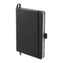 A black A5 journal with a textured cover, featuring an elastic closure and bookmark ribbon. It includes a logo on the cover.