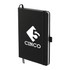 A black notebook with a logo, featuring a strap closure and lined pages.