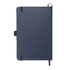 A navy blue leather-bound journal with elastic closures and a branding logo on the cover.