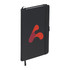 A black leather-bound journal with a sleek design, featuring a logo on the cover and a ribbon bookmark.