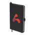 A black leather-bound journal with a logo on the front cover and an elastic band closure.