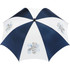 A blue and white promotional golf umbrella featuring various designs and a logo.