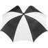 A golf umbrella featuring a black and white striped canopy design. It includes a logo on one side.
