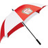 A red and white golf umbrella with a logo on it, featuring a curved handle and a wide canopy.