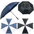 A collection of four golf umbrellas in navy blue, black, and a black-and-white design, featuring a logo on the handles.