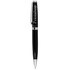 A black pen with a silver clip, featuring a branding logo on the barrel.