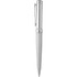 A silver ballpoint pen with a striated design and a clip, featuring a branding logo.