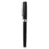 A black rollerball pen with a sleek metal design and silver accents, featuring a branding logo.