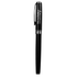 A black metal rollerball pen with a silver clip and branding on the barrel.