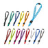 A variety of lanyards in different colours including blue, green, black, orange, pink, and purple, featuring a logo.