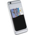 A black silicone card wallet attached to the back of a smartphone, holding a credit card.