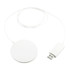 A wireless charging pad in white with a USB connector and a long cable. It features a sleek, circular design.