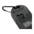 A black, waterproof Bluetooth speaker with a textured surface and a carabiner clip attached.