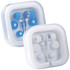 Colour Pop Earbuds displayed in a clear case, featuring vibrant blue and white colours. The packaging includes additional ear tips.