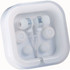White Colour Pop Earbuds in a clear case, featuring multiple ear tips and a logo.
