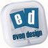 A compact case with white earbuds inside. The case features a logo and is primarily white with blue accents.