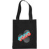 A black non-woven tote bag featuring a colourful design and branding. It has sturdy handles for easy carrying.