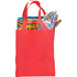 A red non-woven tote bag containing gardening gloves and a magazine, featuring a logo on the bag.