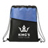 A blue and black drawstring bag featuring a zippered pocket and a logo. the bag has a textured design.