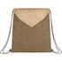 A brown and tan drawstring bag with a logo and adjustable grey straps.