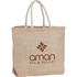 A herringbone-patterned jute tote bag in beige, featuring two handles and a logo.