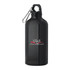 A drink bottle in shiny black aluminium with a carabiner clip and a logo design.