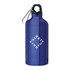 A drink bottle in dark blue aluminium with a carabiner and a logo on the side.