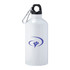 A drink bottle made of white aluminum, featuring a black cap and a carabiner, with a blue logo.