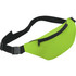 A bright green fanny pack with a zipper and a black adjustable strap. It features a branding logo.