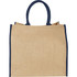A large jute tote bag in natural colour with navy blue handles and trim. Features a branding logo.