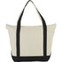 A zippered cotton tote bag in beige and black with dual handles and a front pocket. It features a logo.