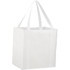 A white reusable grocery tote bag with sturdy handles and a logo. Suitable for carrying groceries and other items.