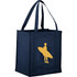 A navy reusable grocery tote bag with a silhouette design and a branding logo.