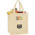 A beige insulated grocery tote filled with snacks and drinks, featuring a logo on the front.