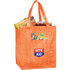 An orange insulated grocery tote filled with snacks and drinks, featuring a logo on the front.