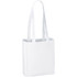 A white non-woven tote bag with two handles and a square shape, featuring a logo.
