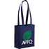 A navy blue non-woven tote bag with two sturdy handles and a logo on the front.