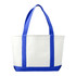 A large tote bag in white with blue handles and bottom, featuring a logo. Suitable for various carrying needs.