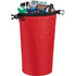 A red waterproof outdoor bag filled with assorted items, including a drink bottle, headphones, and a wallet.