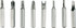 A collection of eight metallic screwdriver bits in varying shapes and sizes, arranged in a row.