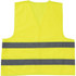 A bright yellow safety vest featuring reflective grey stripes and a simple design. It includes a logo on the front.