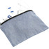 A blue recycled cotton twill pouch with a zipper, containing earphones and a small electronic device.